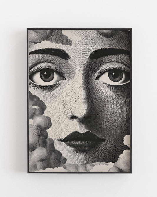 Black and white fine art print featuring an intricate surreal face surrounded by clouds, with detailed line work and shading. Printed on textured Hahnemühle German Etching paper for a luxurious, high-quality finish.