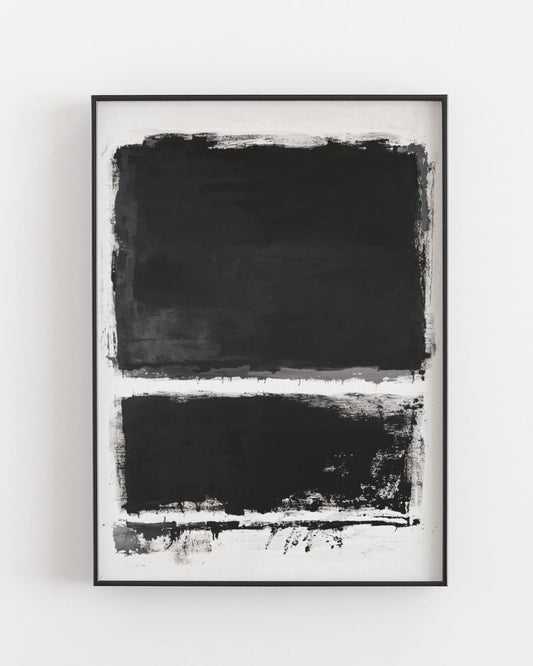 Minimalist abstract fine art print featuring bold black brushstrokes on a white background, printed on textured Hahnemühle German Etching paper for a high-quality, modern finish.