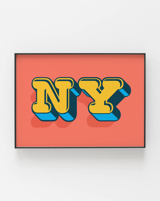 NY fine art print featuring bold yellow and blue typography on a coral background, evoking the vibrant energy and iconic spirit of New York City. Displayed on museum-quality paper with a luxurious matte texture