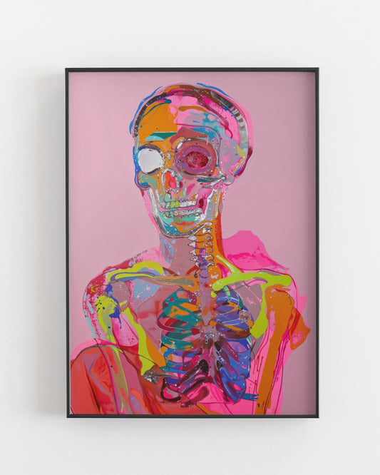 Vibrant fine art print featuring a colorful, abstract human skeleton on a pink background, blending vivid hues of orange, blue, green, and red to create a bold and modern representation of anatomy.