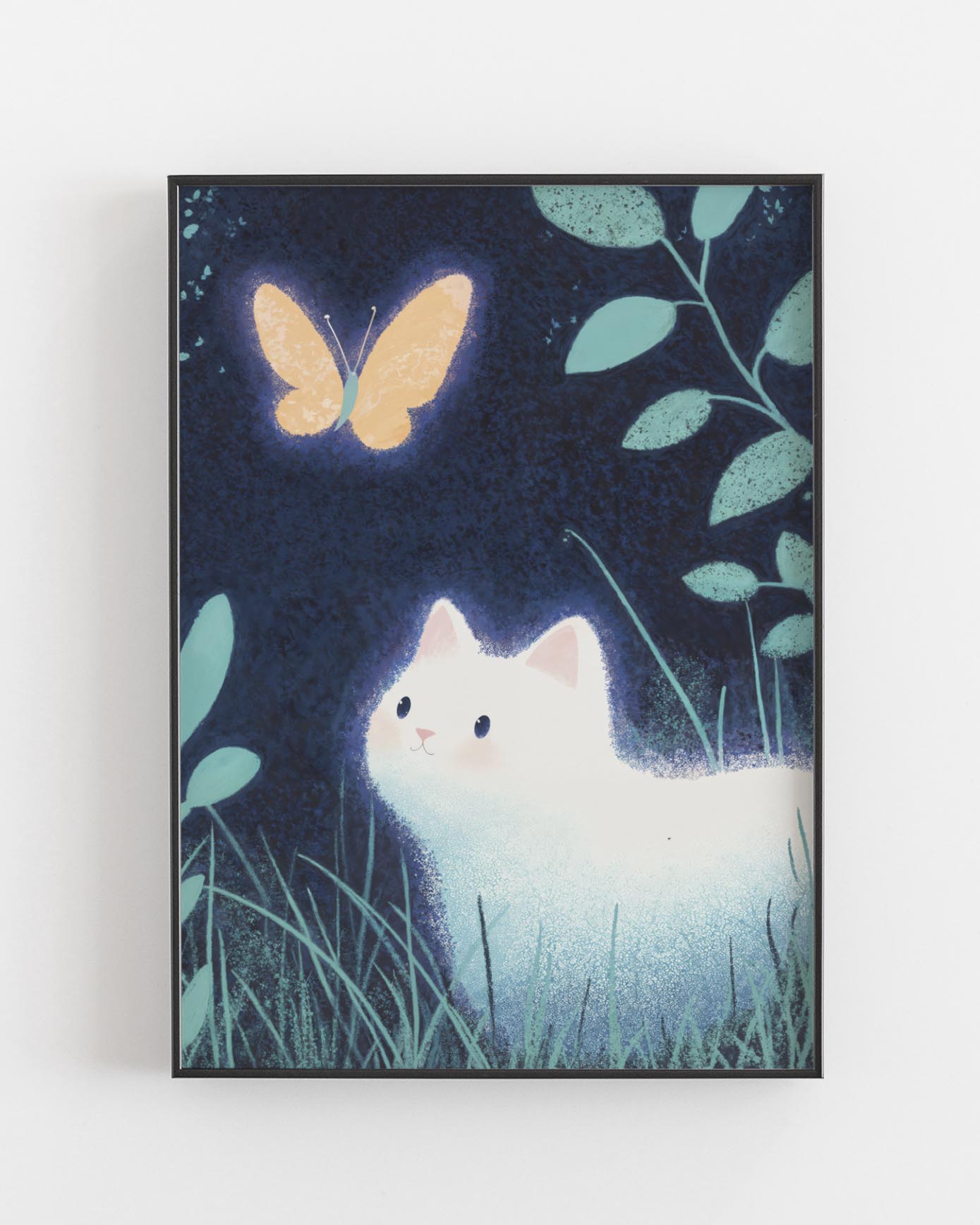 High-end illustrated art poster of a luminous white cat in a moonlit forest, gazing at a glowing golden butterfly against a deep midnight blue background, surrounded by delicate foliage.