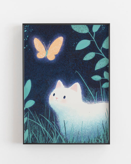 High-end illustrated art poster of a luminous white cat in a moonlit forest, gazing at a glowing golden butterfly against a deep midnight blue background, surrounded by delicate foliage.