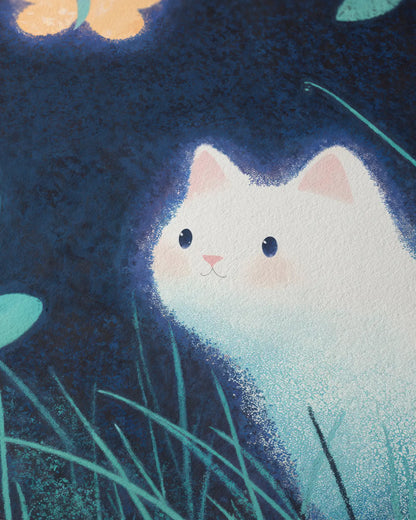 High-end illustrated art poster of a luminous white cat in a moonlit forest, gazing at a glowing golden butterfly against a deep midnight blue background, surrounded by delicate foliage.