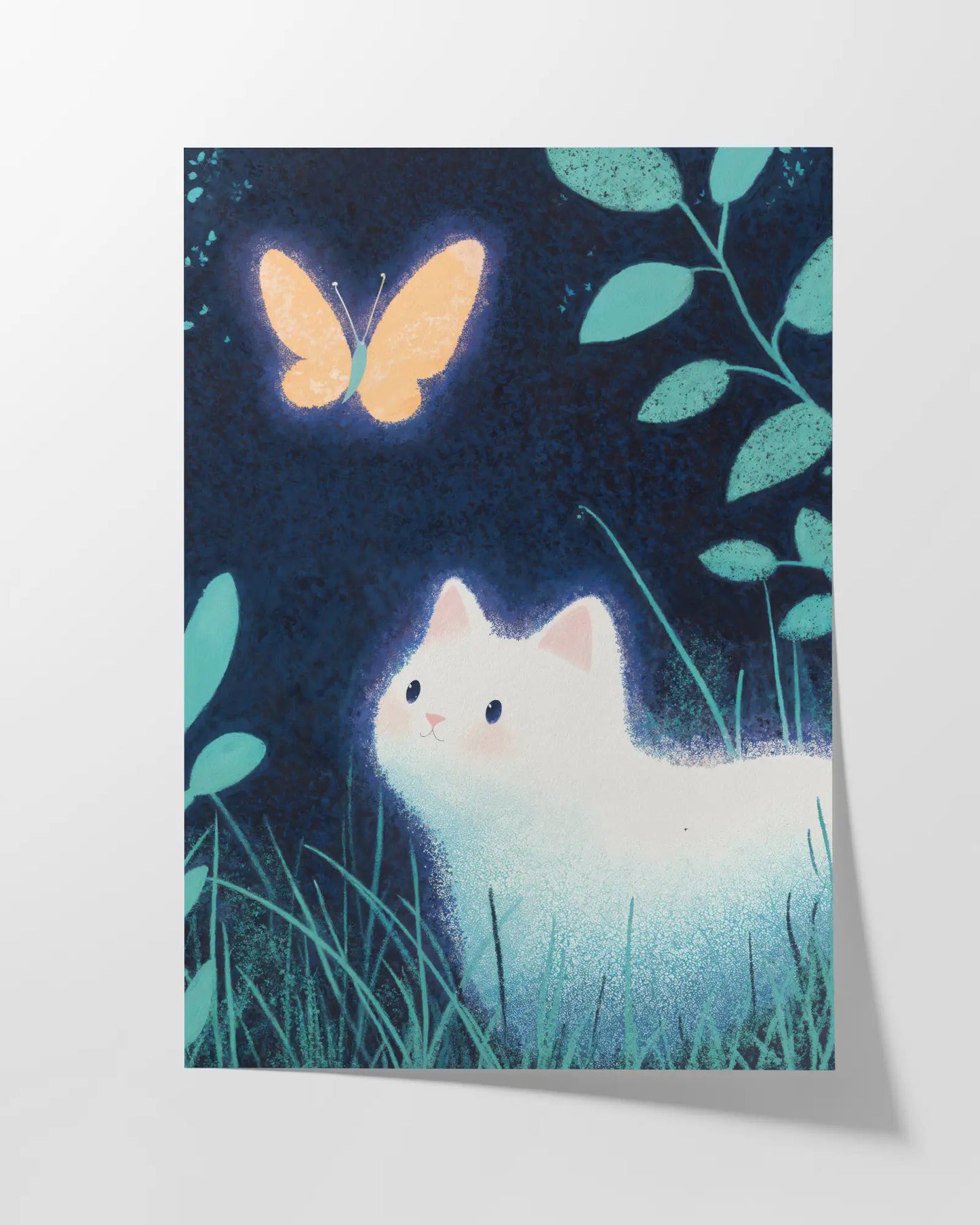 High-end illustrated art poster of a luminous white cat in a moonlit forest, gazing at a glowing golden butterfly against a deep midnight blue background, surrounded by delicate foliage.